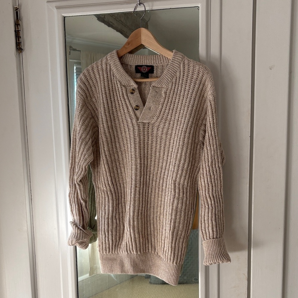 Vintage American Outpost Tan Cotton Knit Pullover Fisherman Sweater